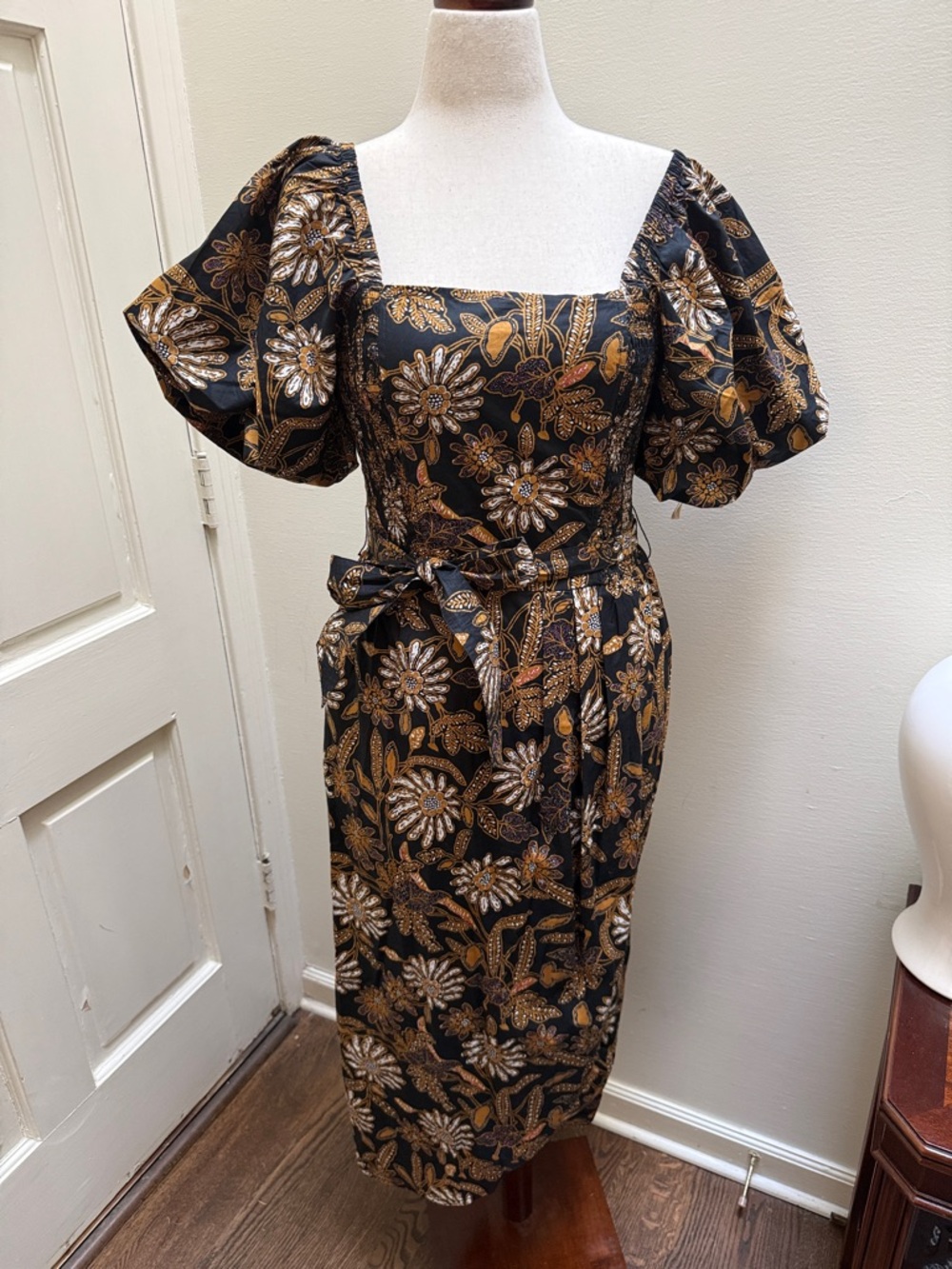 Cleobella Black and Gold Floral Puff-Sleeve Midi Dress
